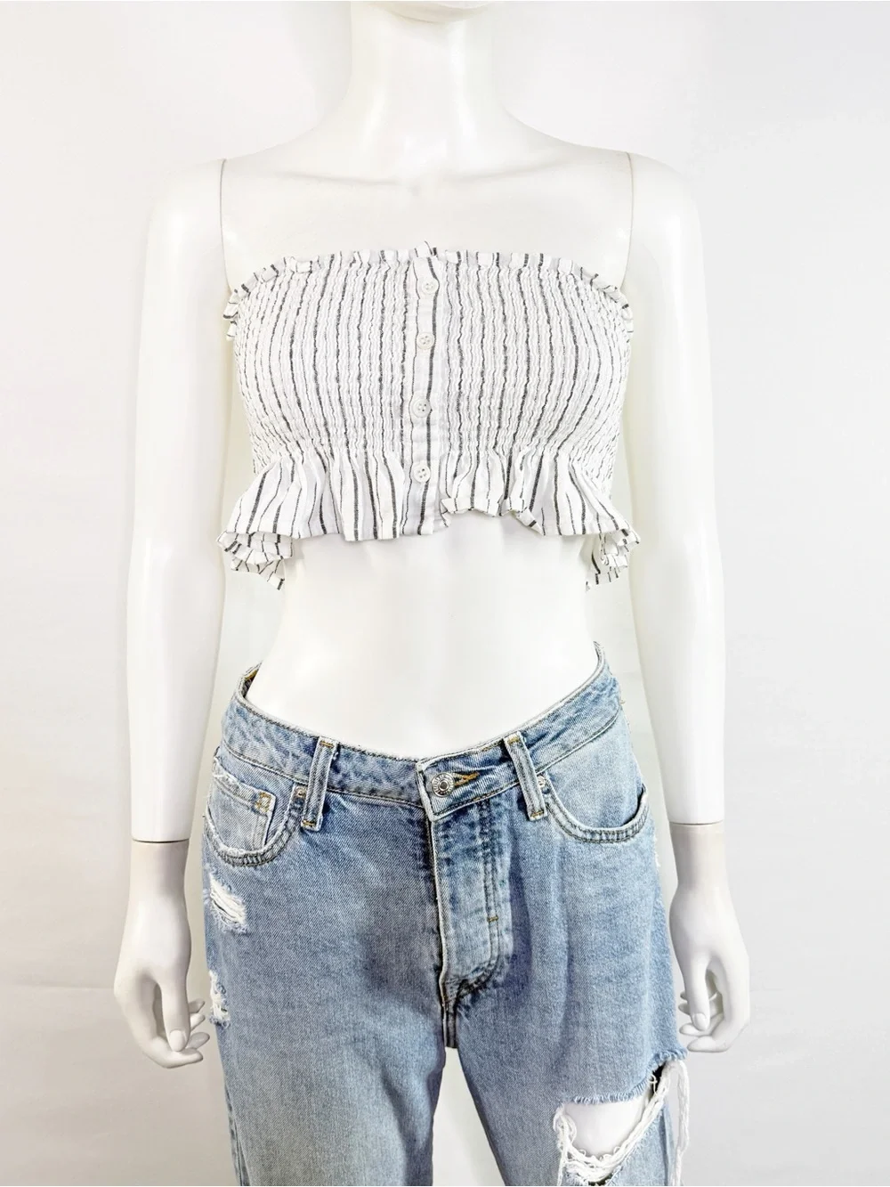 Faithfull The Brand Striped Smocked Tube Top Ruffle Crop Size 4 Summer Boho
